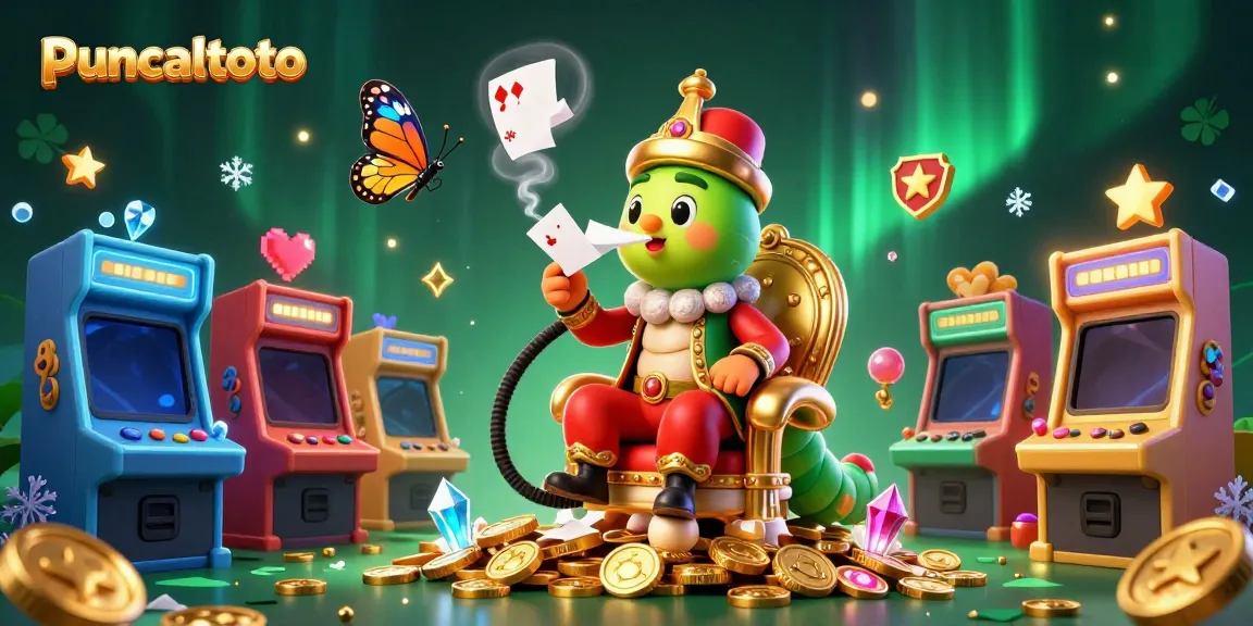 Puncaktoto memperlihatkan ilustrasi 3D kartun glamor dengan karakter ulat besar di latar cerah kasino.