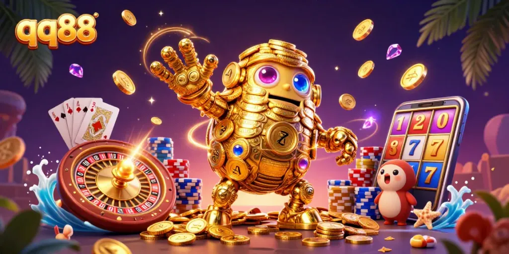 Play thrilling games at qq88 with a stellar golden golem animation surrounded by floating coins and gem stones.
