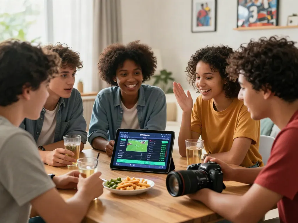 Excited group discussing soccer betting odds on WWBOLA platform in a cozy setting.