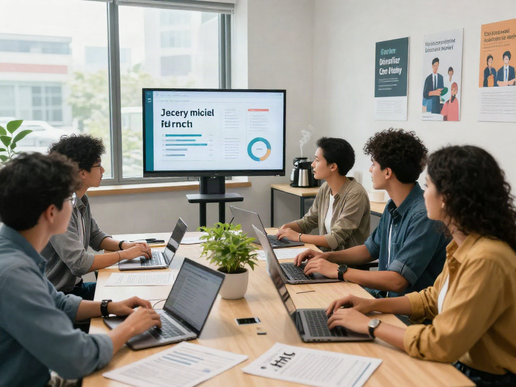 Job recruitment professionals collaborating on หางาน strategies in a modern office.