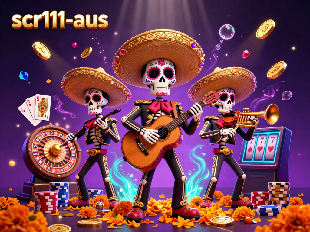 Experience gaming excitement at scr111-aus with a vibrant mariachi band surrounded by casino treasures.