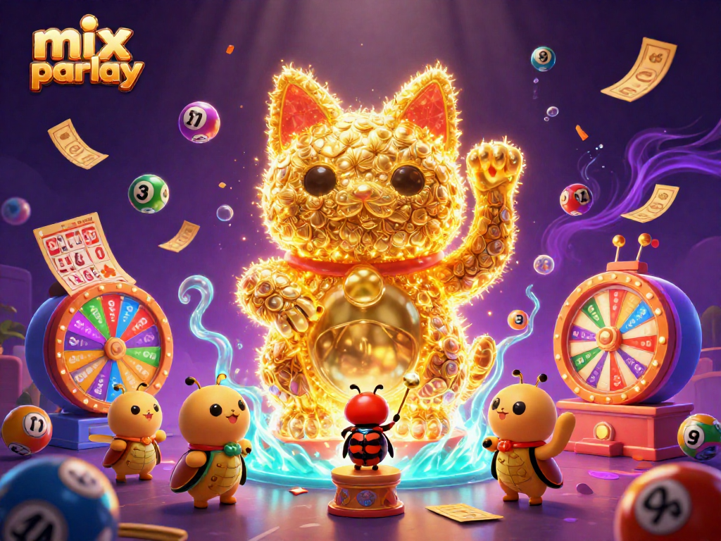 Bet on mix parlay with a vibrant 3D illustration showcasing casino symbols and exciting gaming elements.