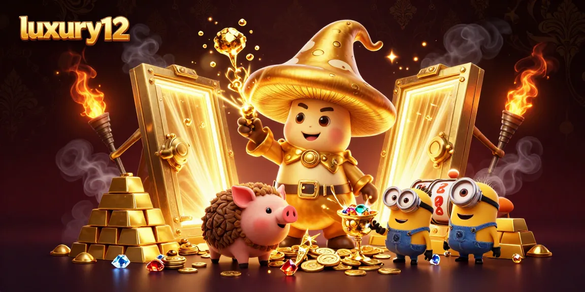 Experience the thrill of luxury12 slots with golden treasures and whimsical characters in this captivating illustration.