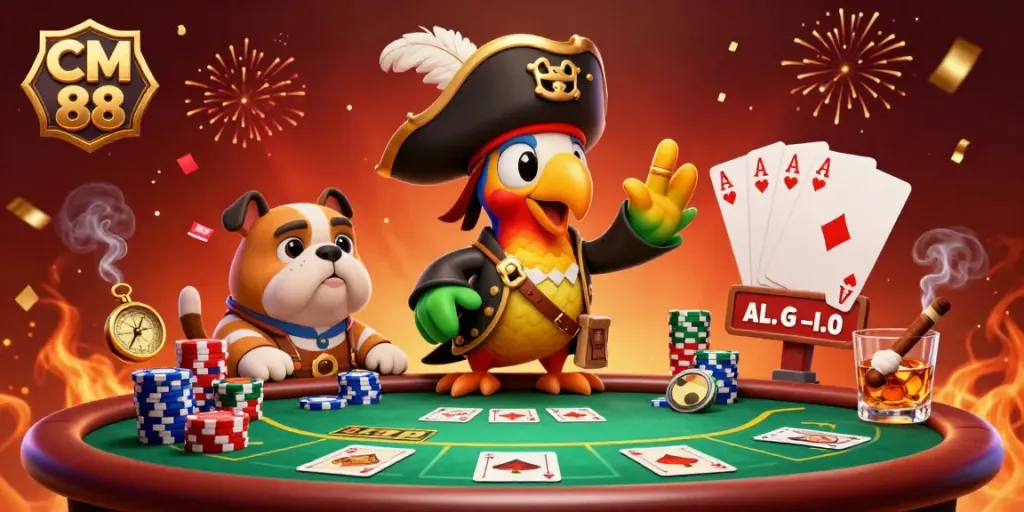 Engage with CM 88's dynamic casino scene featuring a pirate captain parrot, poker elements, and festive effects.