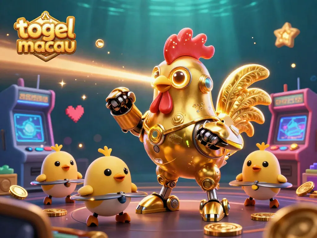 Togel macau brings excitement with a golden rooster robot and baby chick drones in a vibrant casino scene.