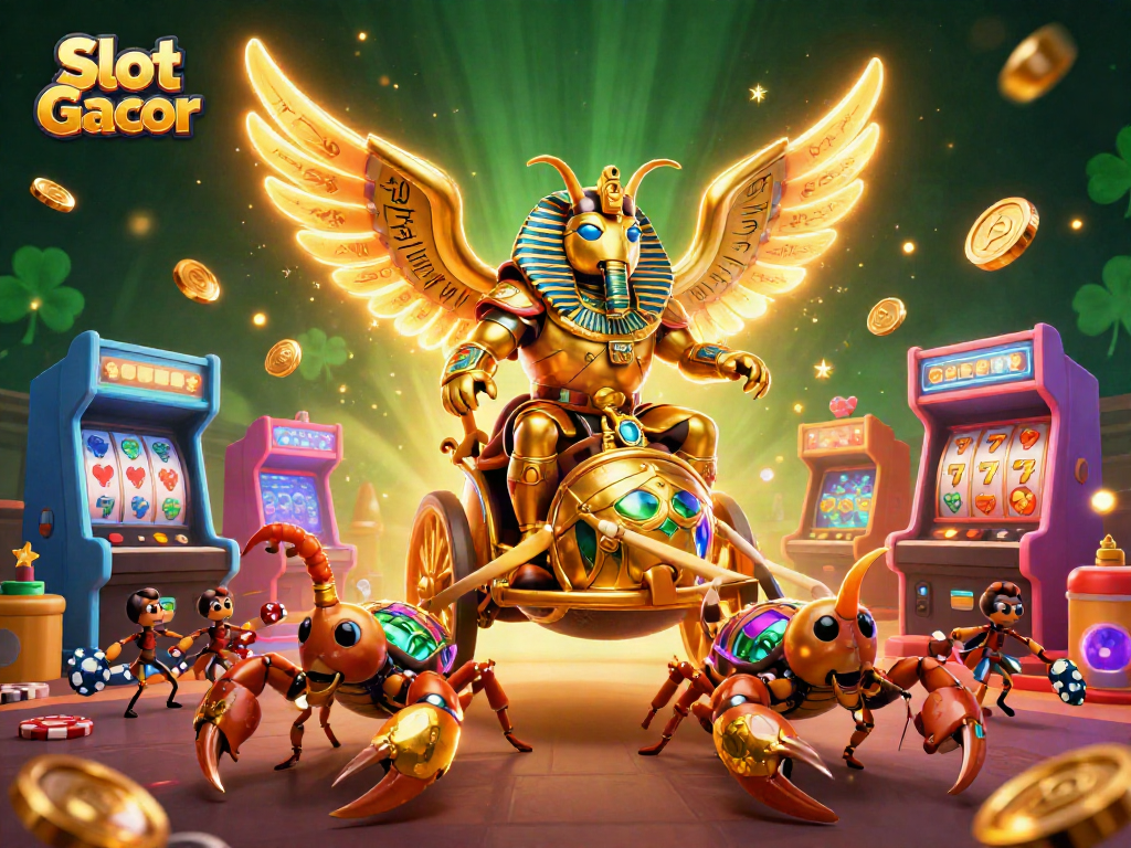 Engage with Slot Gacor visuals featuring a golden scarab beetle and slot reels, enhancing your gaming experience.