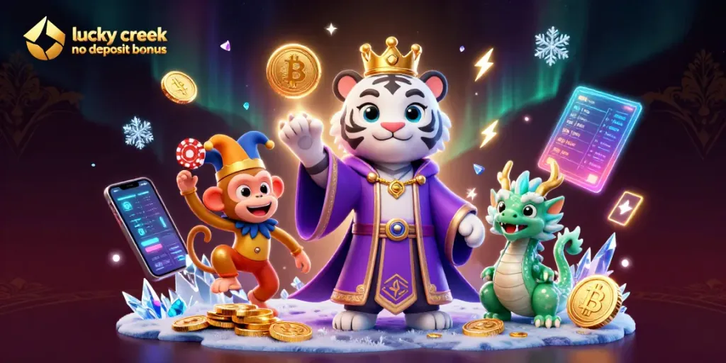 Experience the lucky creek no deposit bonus featuring vibrant casino characters and crypto elements in a dynamic 3D scene.