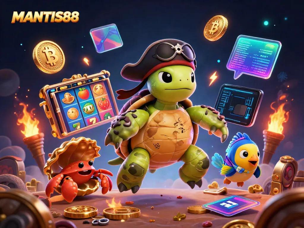 Experience MANTIS88's vibrant gaming universe with a captivating 3D illustration of a pirate turtle and treasure.