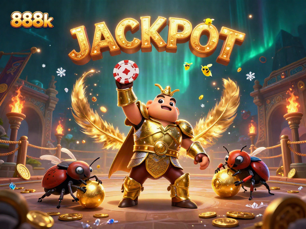 Experience thrilling action with 888k as the heroic beetle celebrates a big win at the casino.