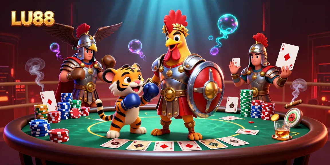 LU88 showcases thrilling cockfighting in a vibrant arena with poker elements and dynamic characters.