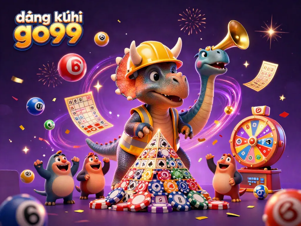 Join the excitement with đăng ký go99 as animated characters celebrate around lottery balls and prizes.