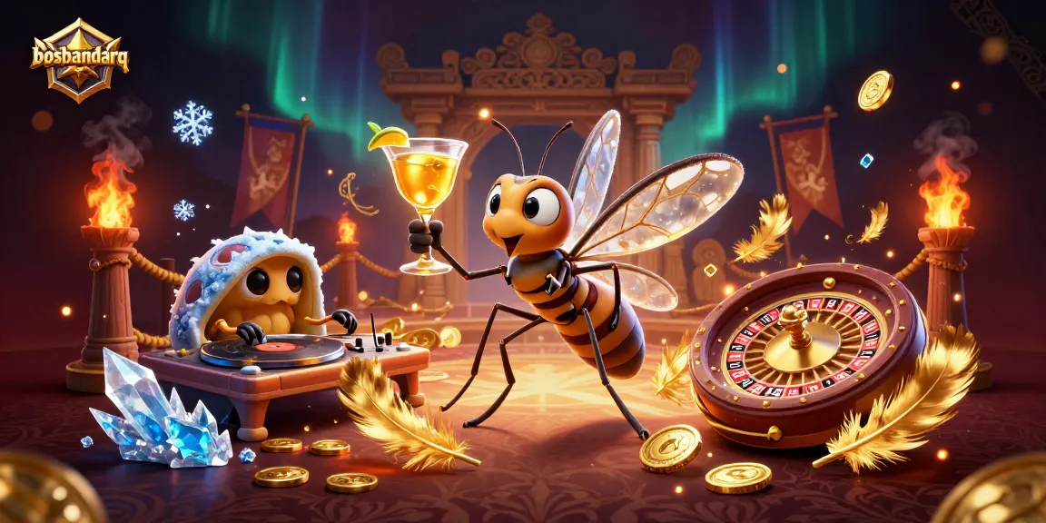 Experience the excitement of bosbandarq with a lively casino illustration featuring a whimsical mosquito mascot.