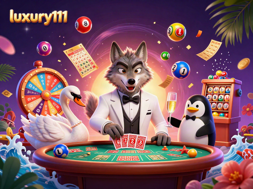Experience luxury111 at a vibrant casino scene with dynamic cards and lottery elements.