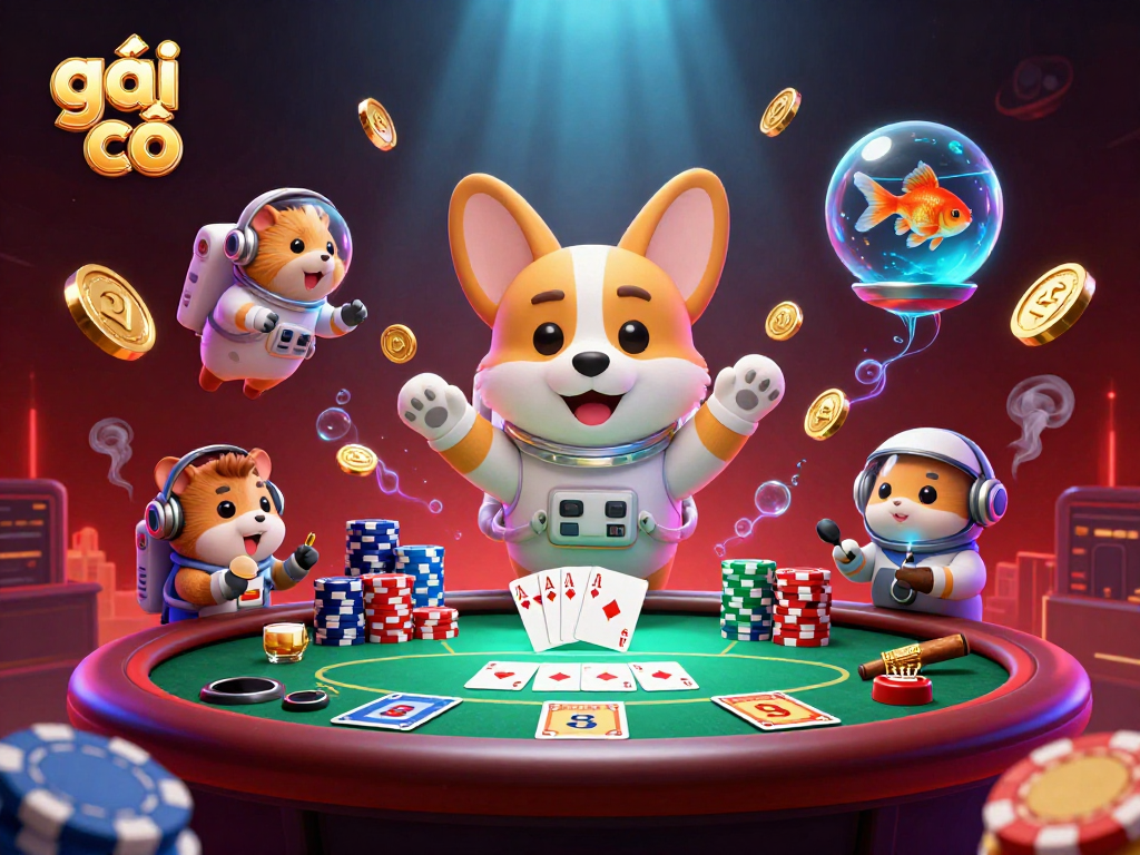 Engage with gái gọi in a unique poker-themed scene featuring playful characters and vibrant casino elements.