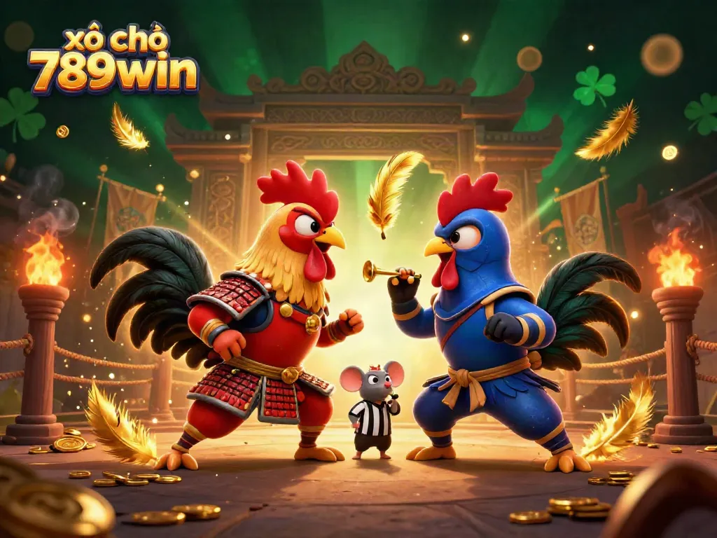Engage with xổ số 789win through vibrant lottery-themed illustration showcasing dynamic dueling roosters.