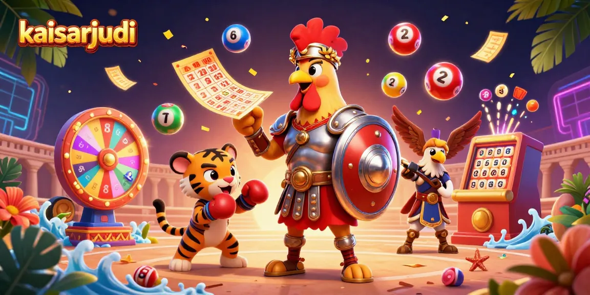 Kaisarjudi gladiator rooster battles in a vibrant colosseum, surrounded by lottery elements and excitement.
