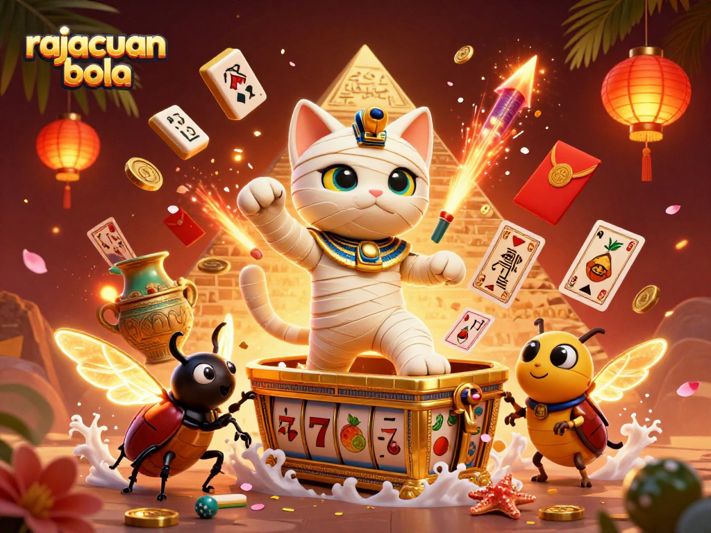 Experience the excitement of rajacuan bola with a vibrant casino scene featuring a mummy cat and dynamic elements.