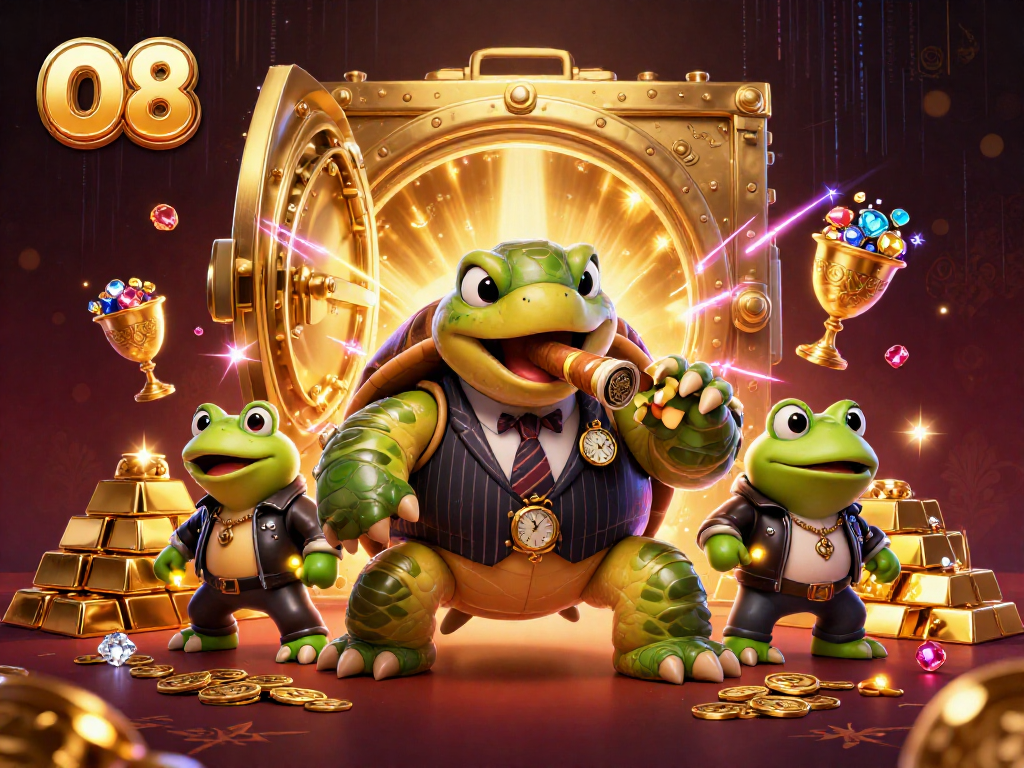 O8 casino illustration featuring a snapping turtle and bullfrogs with vibrant 3D gaming elements.