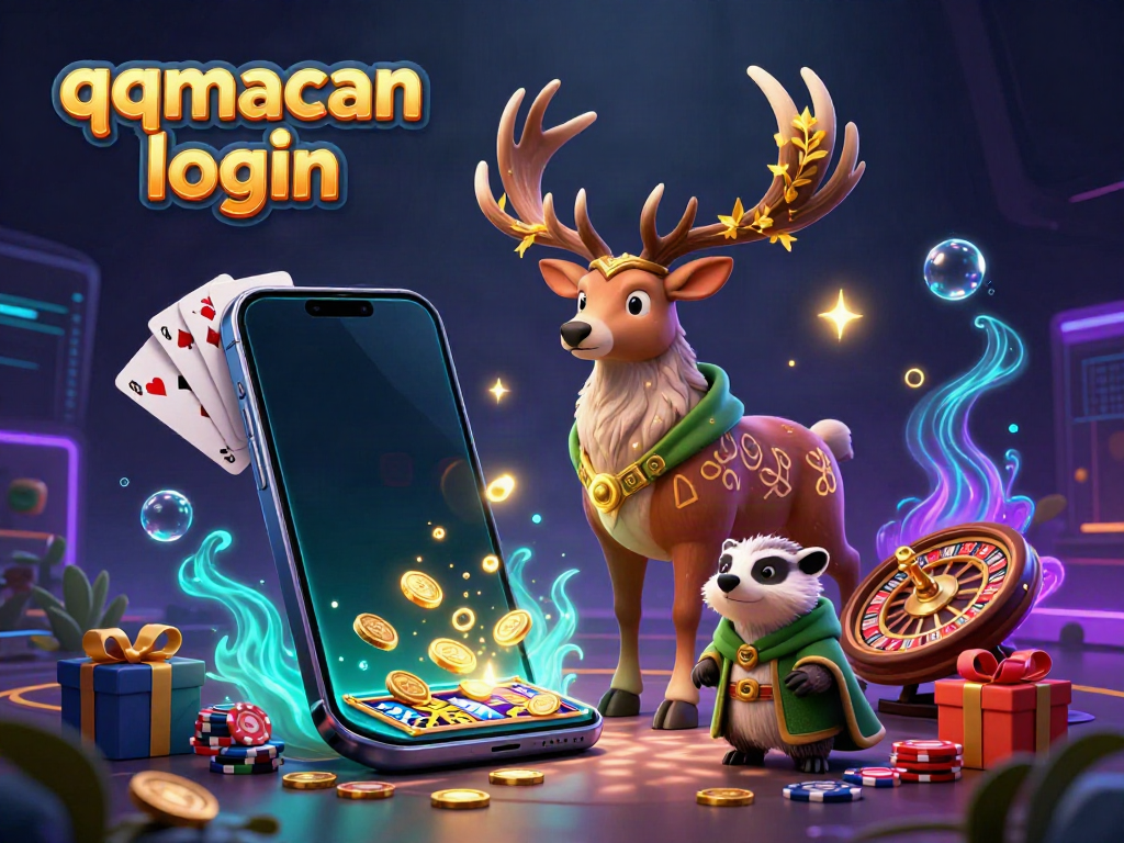 Engage in the thrilling qqmacan login experience with a magical casino scene featuring a druid stag and a badger.