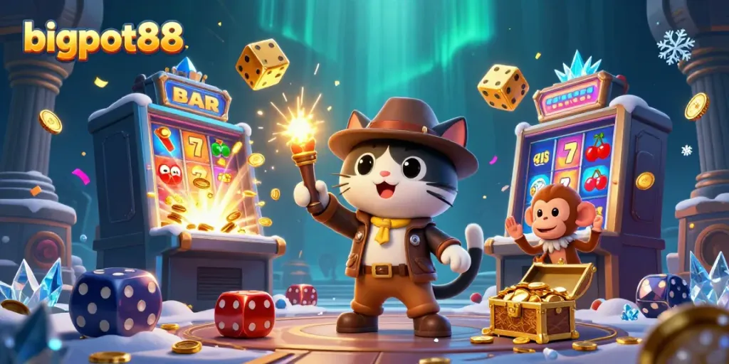 Engage with bigpot88 as the cat archaeologist discovers a golden casino artifact amidst a jackpot explosion.