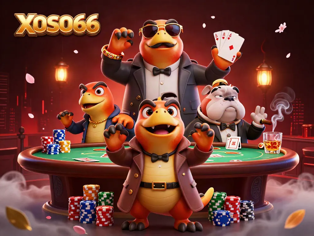 XOSO66 raptors in a trench coat humorously attempting casino entry, showcasing poker excitement.