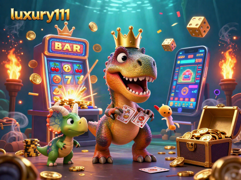 Experience luxury111 with T-Rex and friends in a vibrant casino scene filled with excitement.