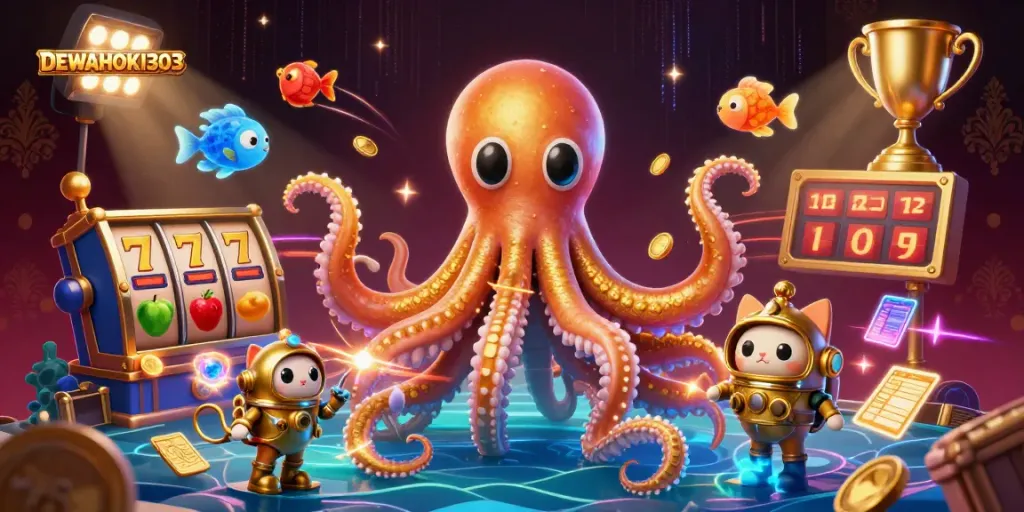 DEWAHOKI303 menyajikan ilustrasi slot yang menarik dengan kraken dan elemen permainan.