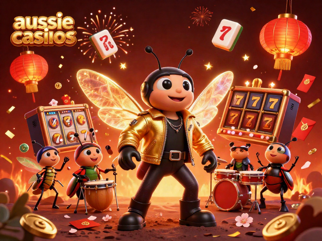 Aussie casinos rock with a cicada rock star and beetle drummer in a vibrant 3D casino scene.