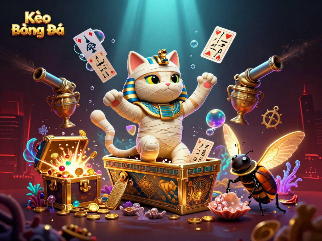 Kèo Bóng Đá themed illustration showcasing Egyptian mummy cat in a vibrant casino.