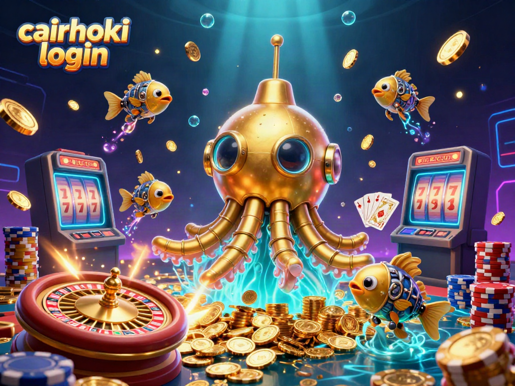 Mengunjungi cairhoki login dengan ilustrasi kraken laut emas yang dikelilingi koin berkilauan.