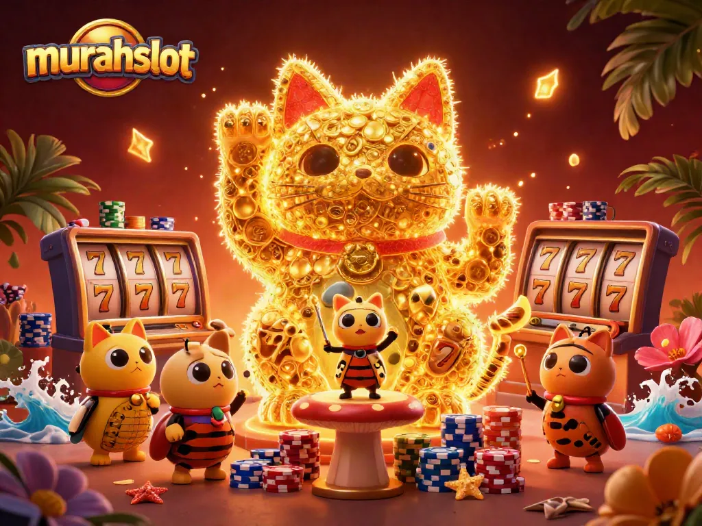 Permainan kasino murahslot dengan kucing keberuntungan yang dikelilingi simbol beruntung dalam ilustrasi 3D