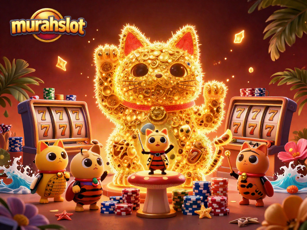 Permainan kasino murahslot dengan kucing keberuntungan yang dikelilingi simbol beruntung dalam ilustrasi 3D