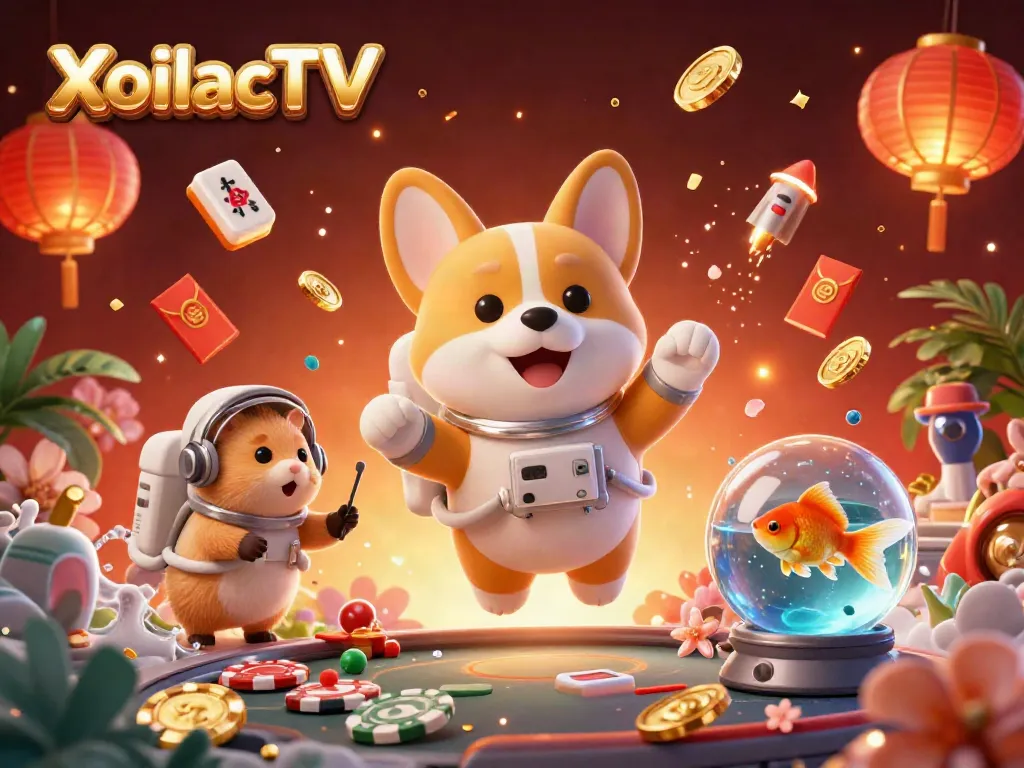 XoilacTV offers a thrilling experience as a cartoon astronaut corgi plays in a floating casino of poker chips and golden coins.