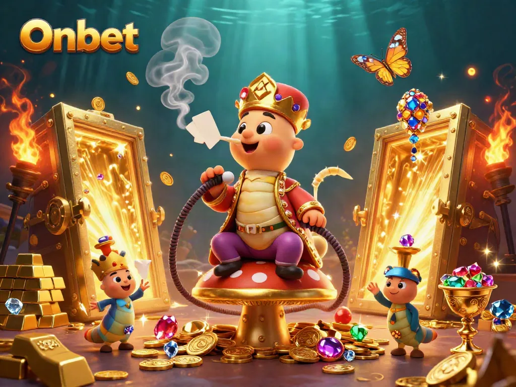 Experience the excitement at Onbet with a cartoon scene featuring gambling icons and treasures.