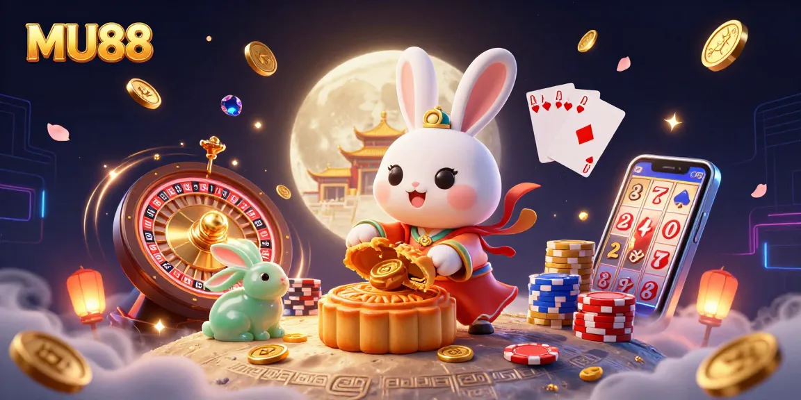 Experience the excitement of MU88 online gambling with this vibrant 3D illustration featuring a moon rabbit and casino elements.
