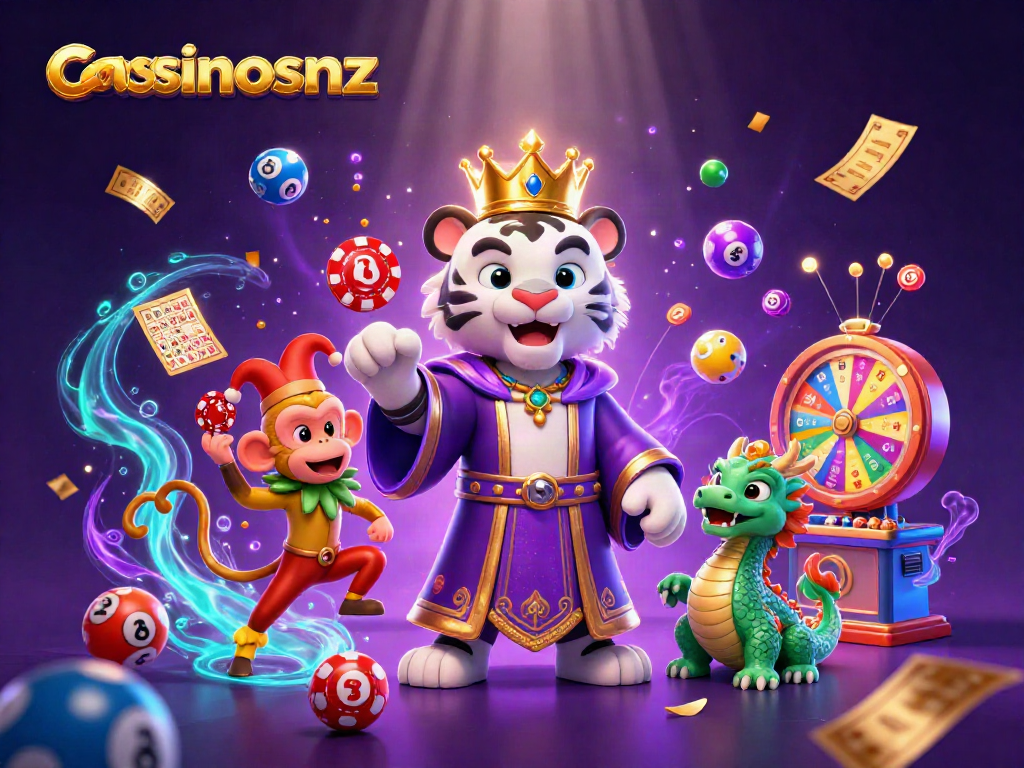 Engage with casinosnz through vibrant casino characters and games in an electrifying illustration.