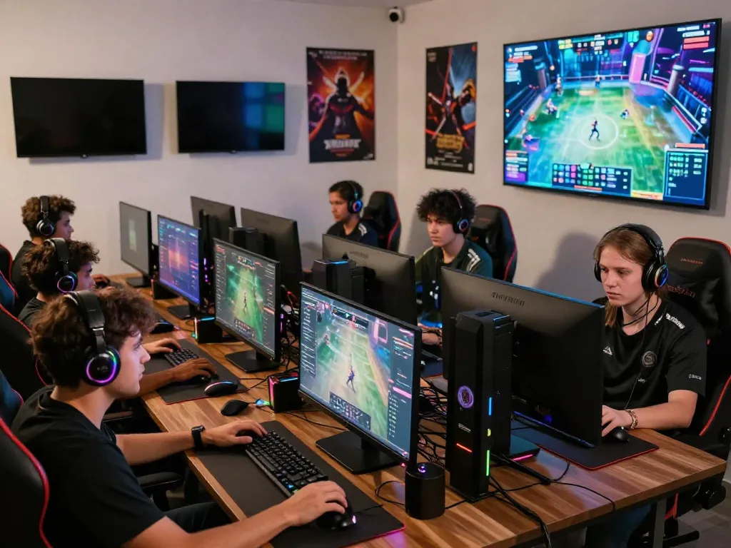 Peh888 gaming enthusiasts engaged in esports competition with RGB gaming setups and vibrant tournament atmosphere.