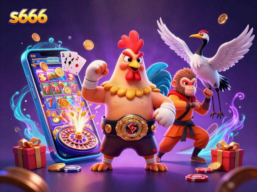 s666 gaming scene with a Muay Thai rooster, Shaolin monkey and a crane master, illustrated in 3D