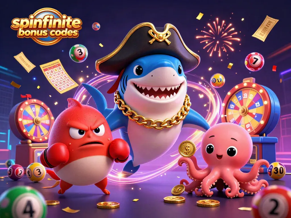 Spinfinite casino bonus codes promotion featuring a cartoon shark, pufferfish and octopus amid vibrant game elements.