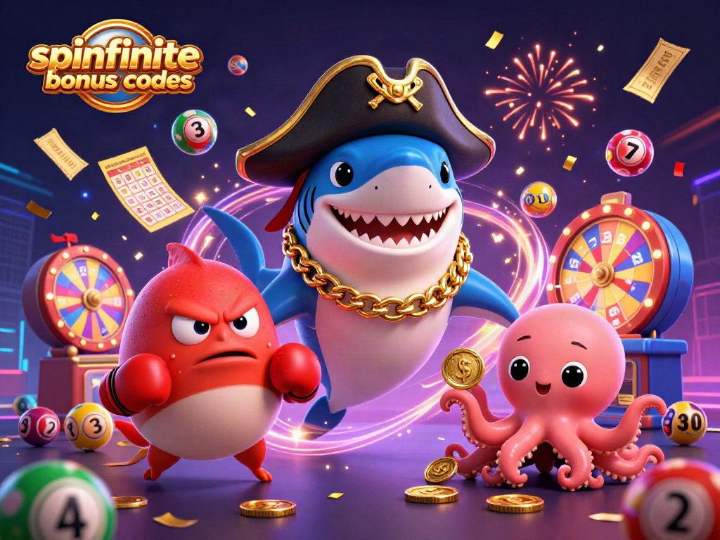 Spinfinite casino bonus codes promotion featuring a cartoon shark, pufferfish and octopus amid vibrant game elements.