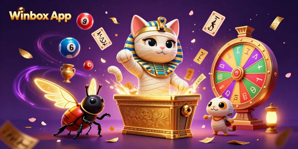 Engage with the Winbox App as a 3D cartoon Egyptian mummy cat leads in a pyramid casino filled with dynamic gaming elements.