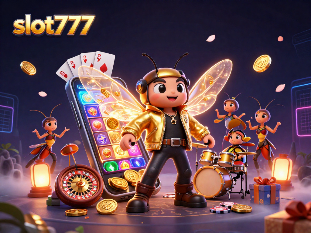Slot777 menang di permainan slot dengan koin emas mengalir dari smartphone.