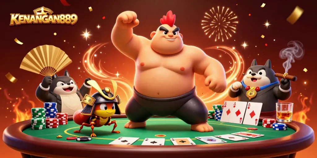 Experience KENANGAN889 with a thrilling poker scene featuring dynamic characters and vibrant celebratory elements.