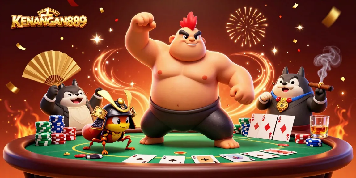 Experience KENANGAN889 with a thrilling poker scene featuring dynamic characters and vibrant celebratory elements.