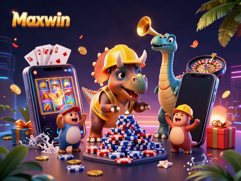 Maxwin casino-themed illustration showing a triceratops building poker chips amidst cheering compys and celebrating elements.