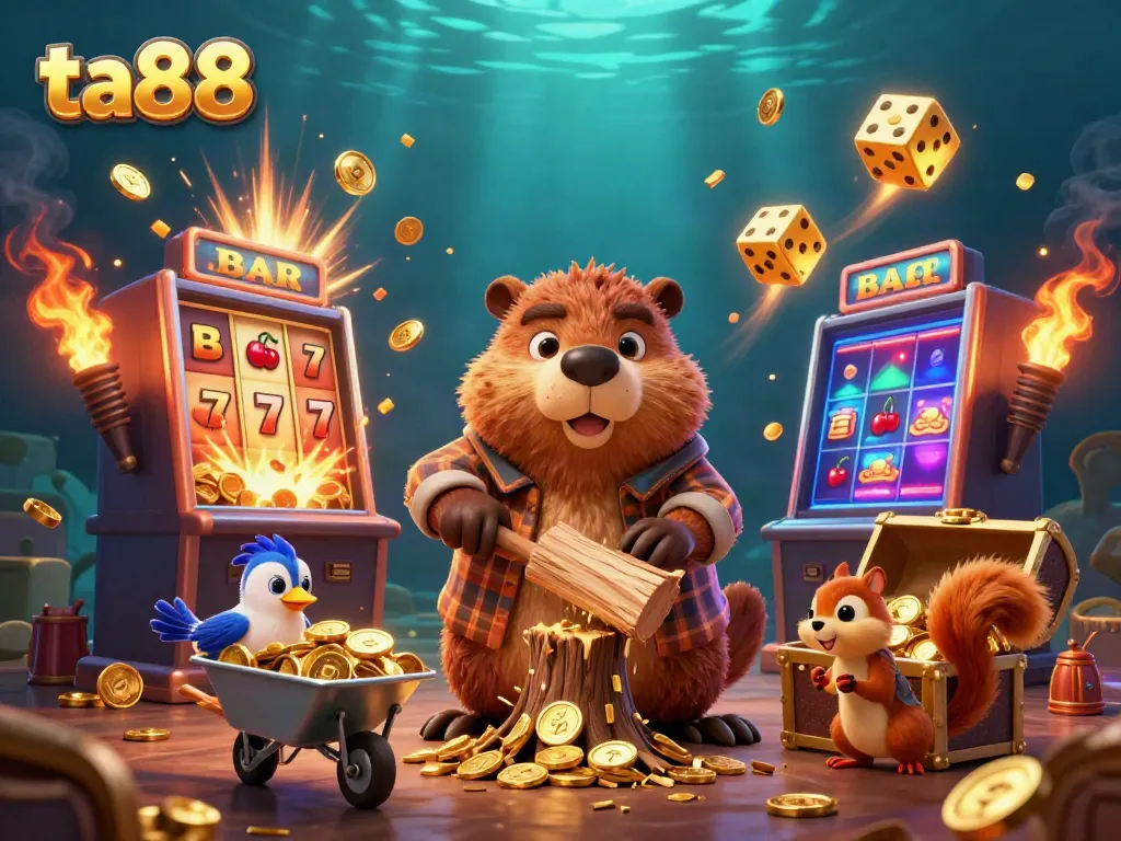 Experience thrilling wins at ta88 with a vibrant casino scene featuring animated characters and a jackpot explosion.