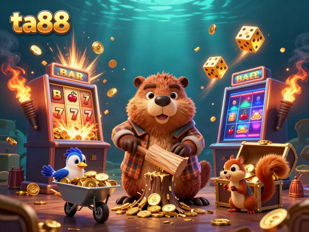 Experience thrilling wins at ta88 with a vibrant casino scene featuring animated characters and a jackpot explosion.