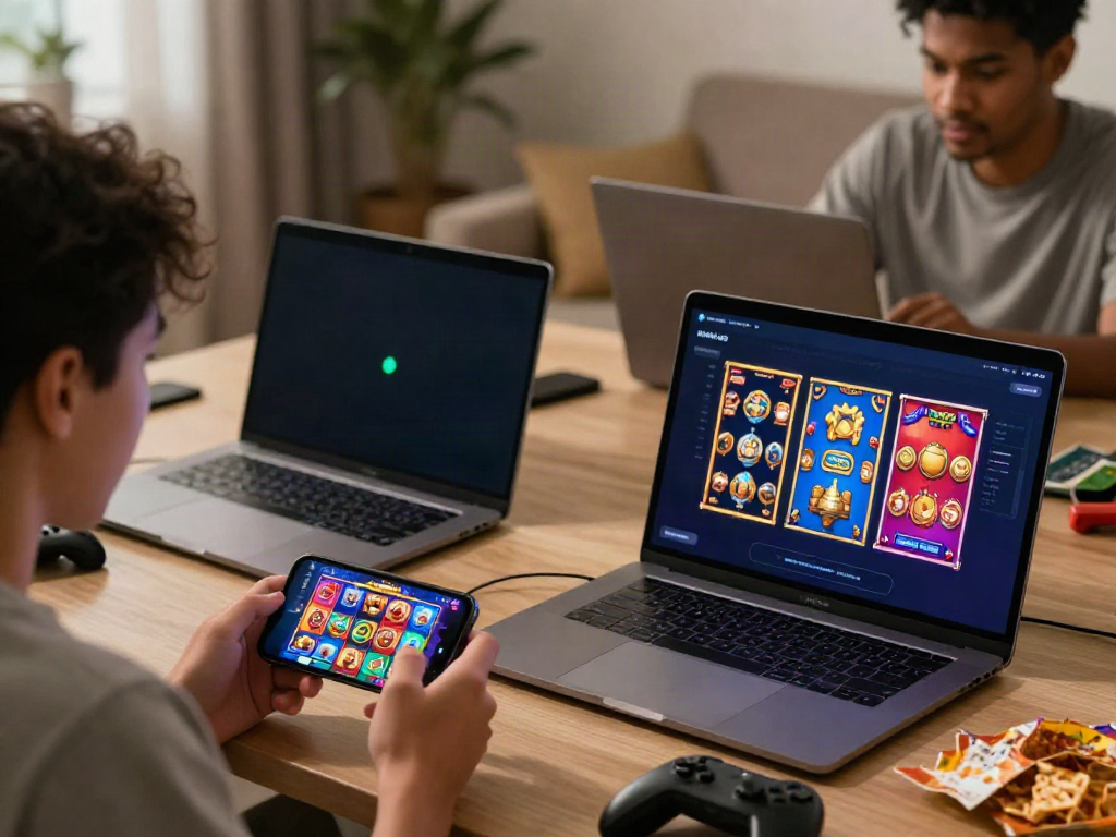 Players enjoying AHHA4D gaming platform on mobile and laptop, vibrant and inviting atmosphere.