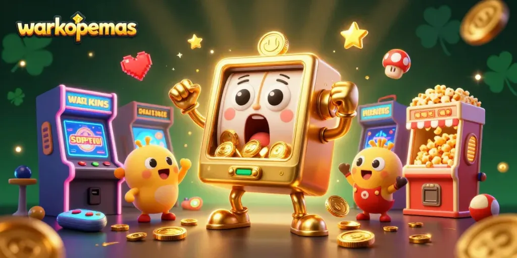 Warkopemas menghibur pemain dengan slot mesin emas beraksi memukul jackpot, dikelilingi elemen permainan 3D menarik.