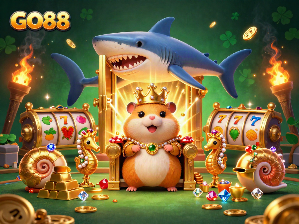 Explore exciting games at GO88, featuring a cartoon hamster king amidst dazzling treasures and slot machines.